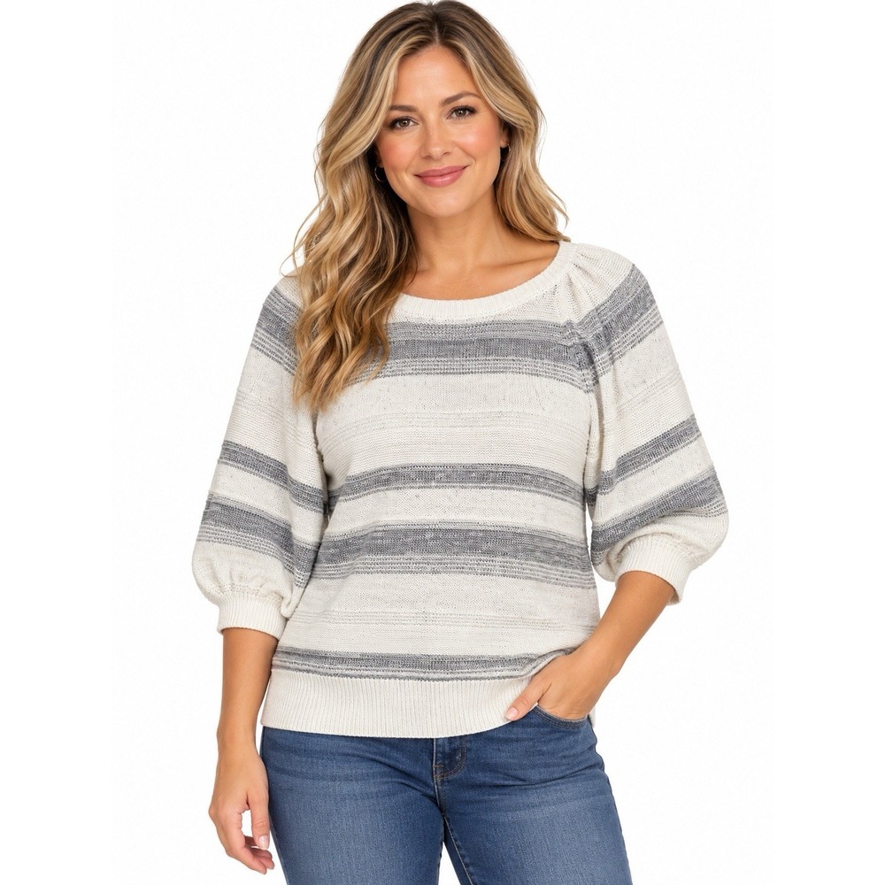 Ann Taylor Sweater Women's Size Large Cream Silver Striped Metallic Puff Sleeve